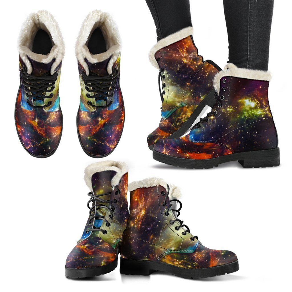 Colorful Universe Galaxy Space Faux Fur Leather Boots - 2