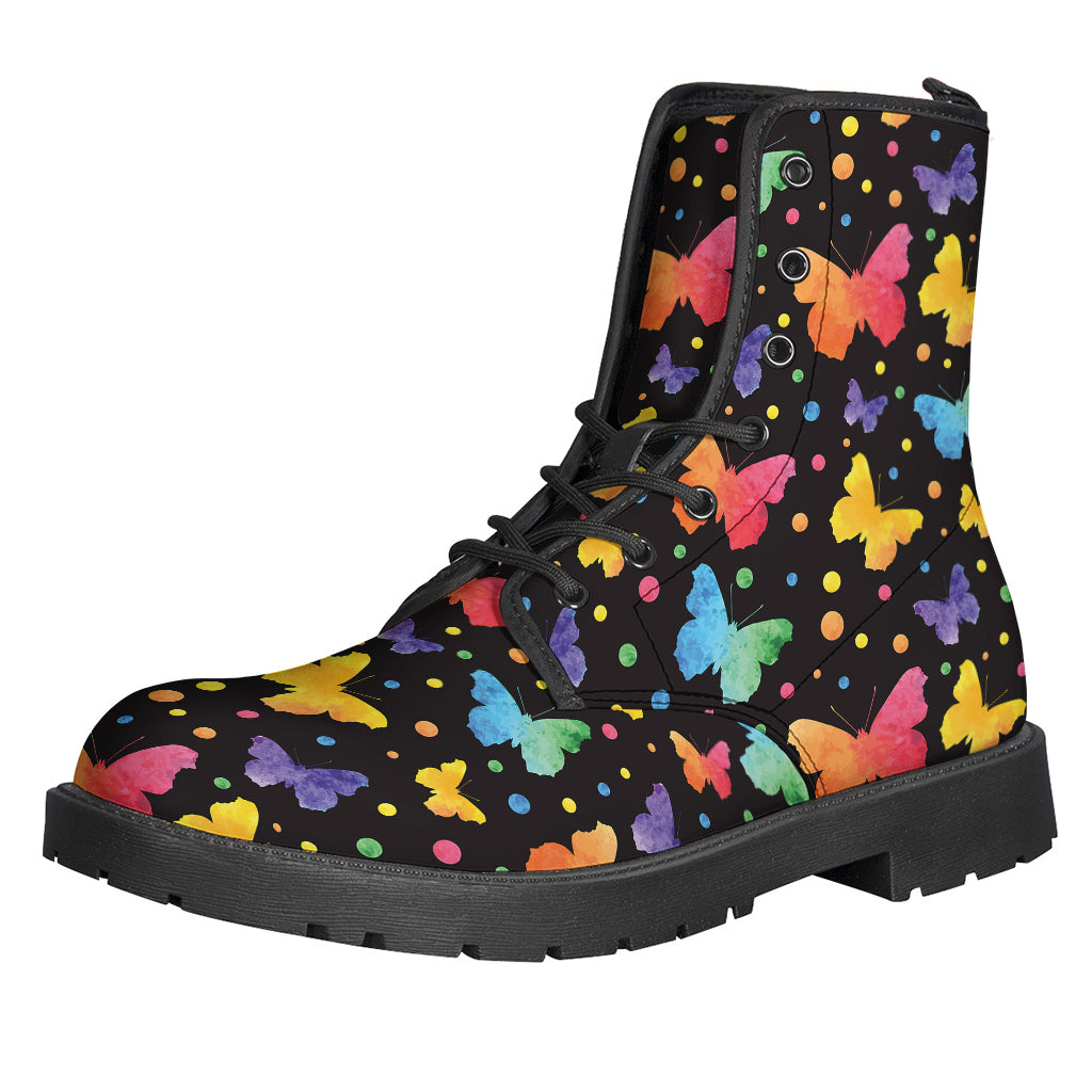 Colorful Watercolor Butterfly Print Leather Lightweight Boots for Free-Spirited Hippies - 1