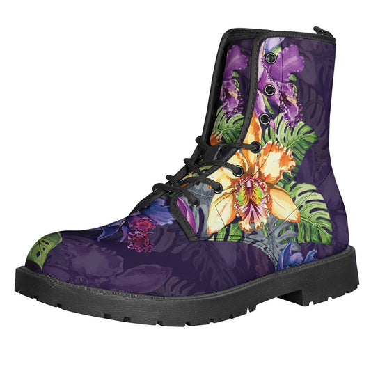 Colorful Watercolor Cattleya Print Leather Lightweight Boots for Free-Spirited Hippies - 1