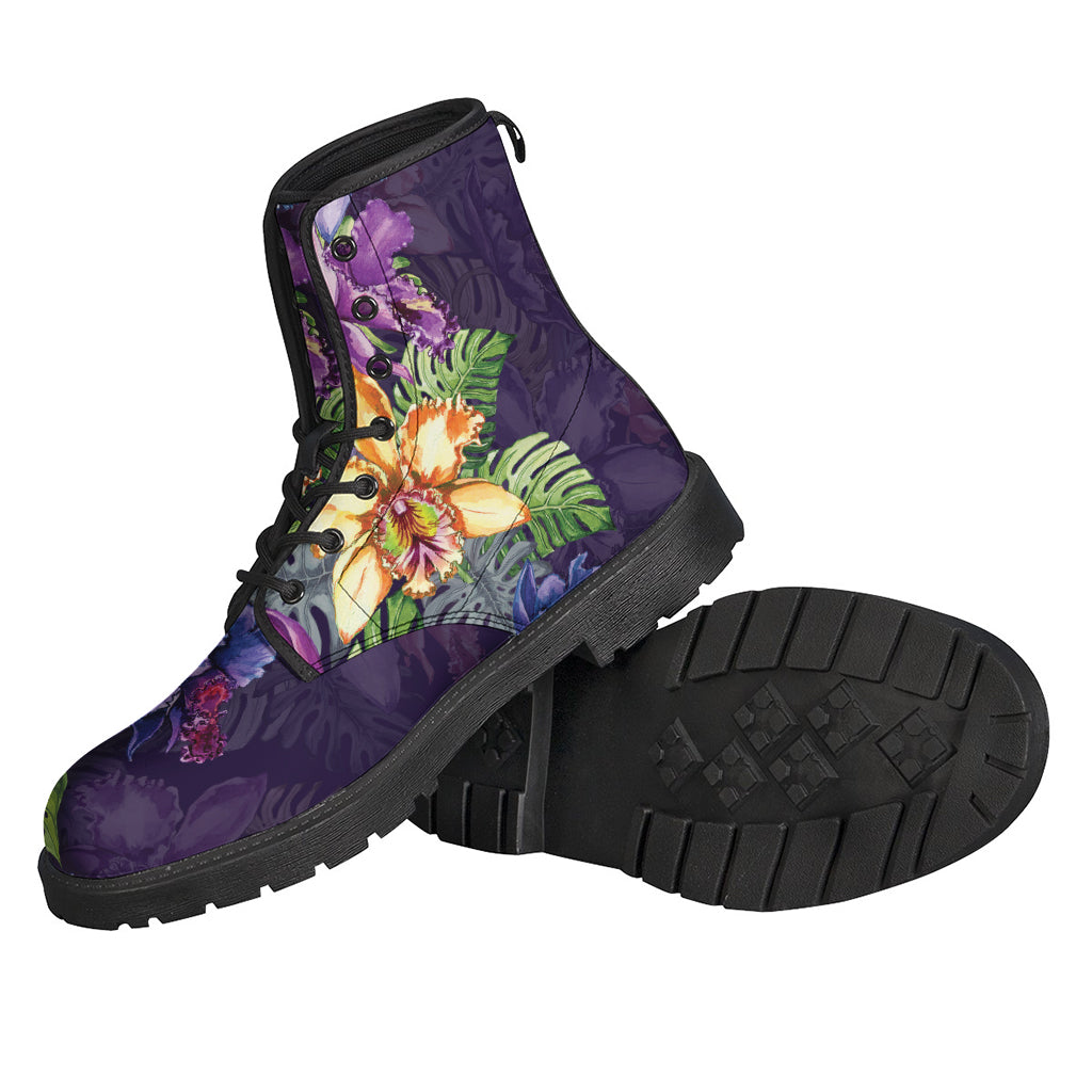 Colorful Watercolor Cattleya Print Leather Lightweight Boots for Free-Spirited Hippies - 2