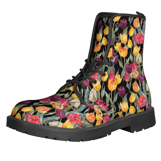 Colorful Watercolor Tulip Pattern Leather Boots for Free-Spirited Hippies - 1