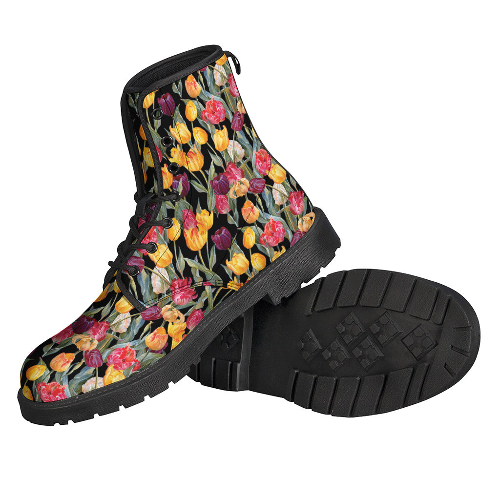 Colorful Watercolor Tulip Pattern Leather Boots for Free-Spirited Hippies - 2