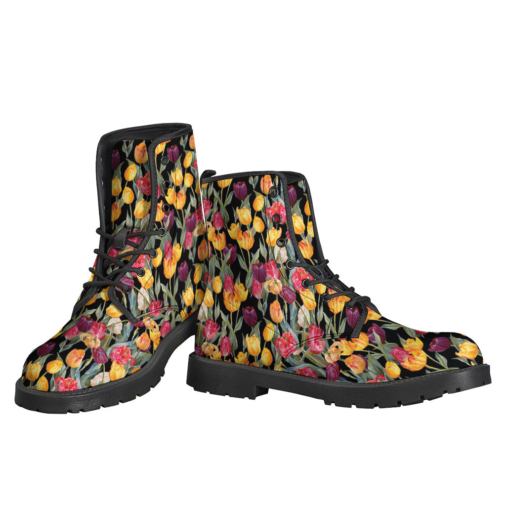 Colorful Watercolor Tulip Pattern Leather Boots for Free-Spirited Hippies - 3