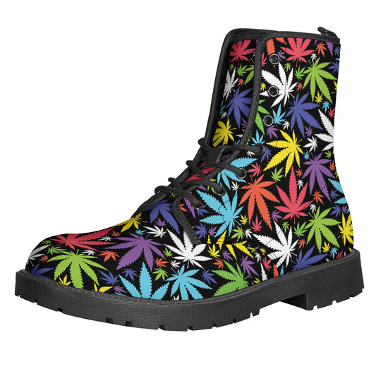 Colorful Weed Leaf Pattern Leather Lightweight Boots for Hippies - 1