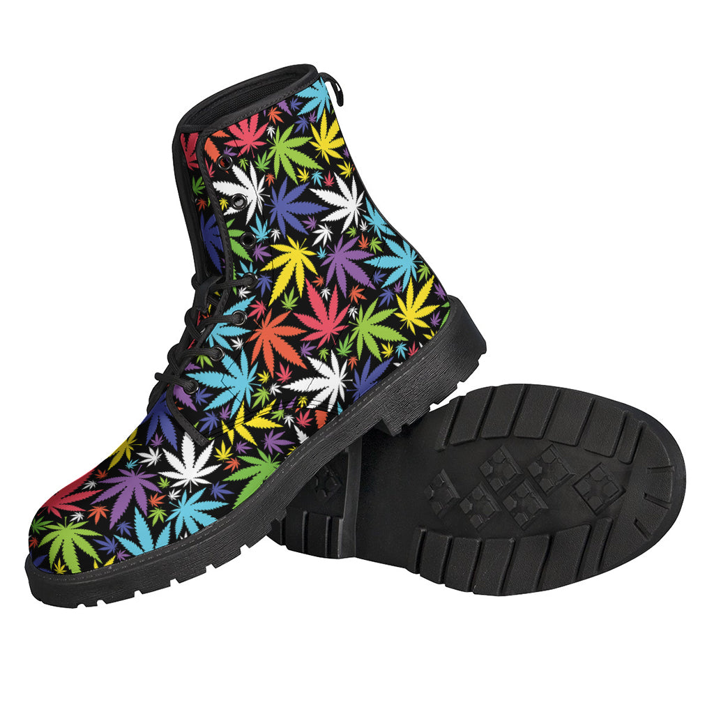 Colorful Weed Leaf Pattern Leather Lightweight Boots for Hippies - 2