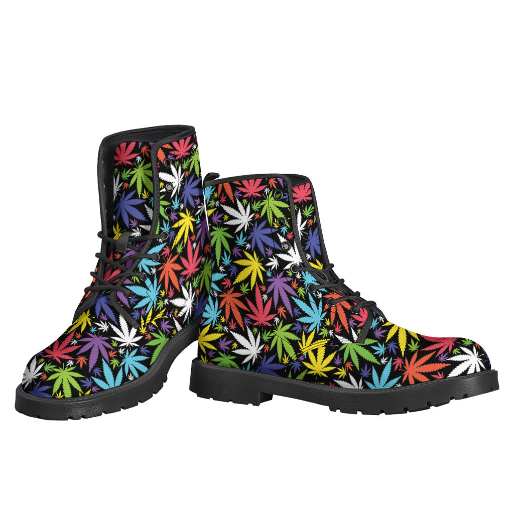 Colorful Weed Leaf Pattern Leather Lightweight Boots for Hippies - 3