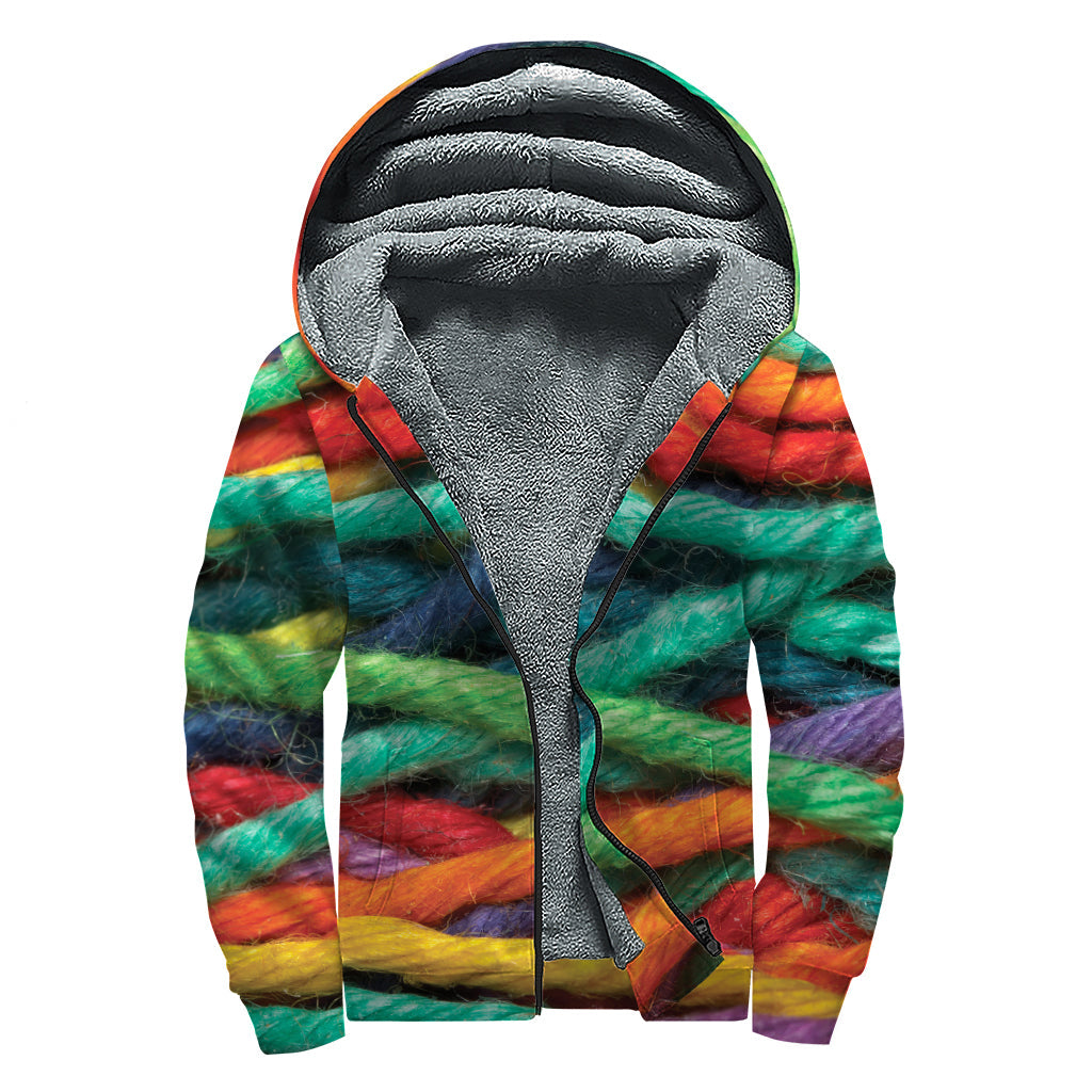 Colorful Yarn Print Hippie Sherpa Lined Zip Up Hoodie - 1