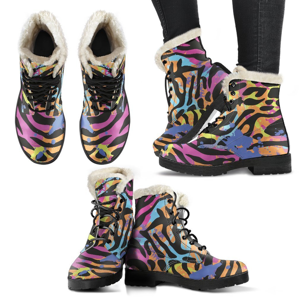 Boho Chic Faux Fur Leather Boots with Colorful Zebra & Leopard Print - 2