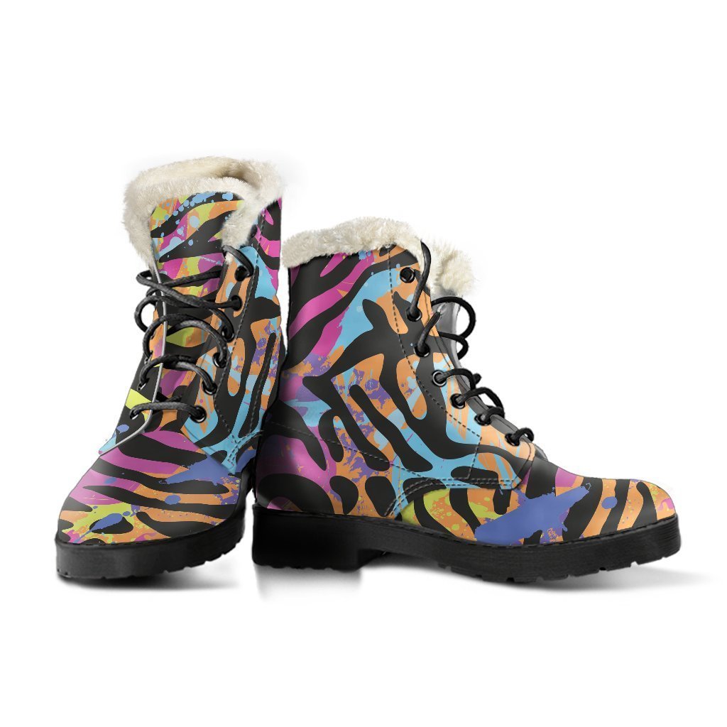 Boho Chic Faux Fur Leather Boots with Colorful Zebra & Leopard Print - 3