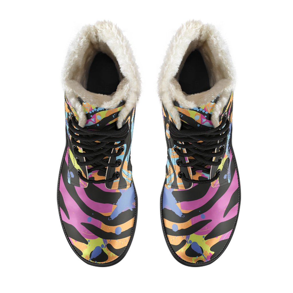 Boho Chic Faux Fur Leather Boots with Colorful Zebra & Leopard Print - 4