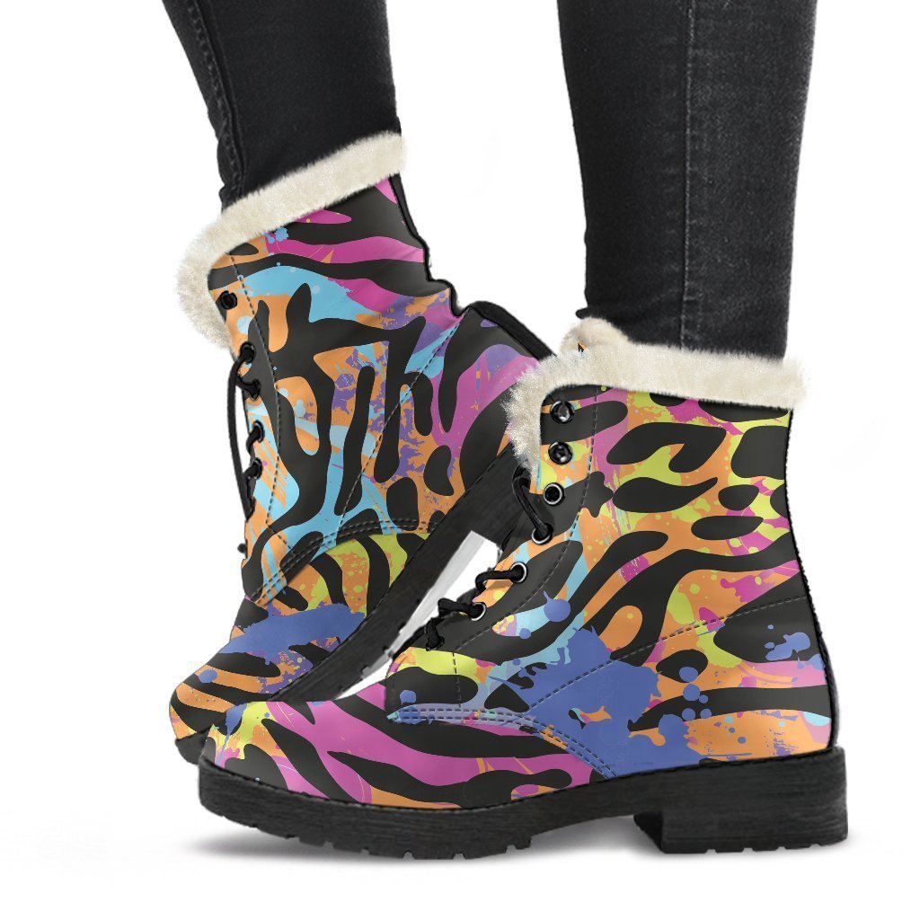 Boho Chic Faux Fur Leather Boots with Colorful Zebra & Leopard Print - 1