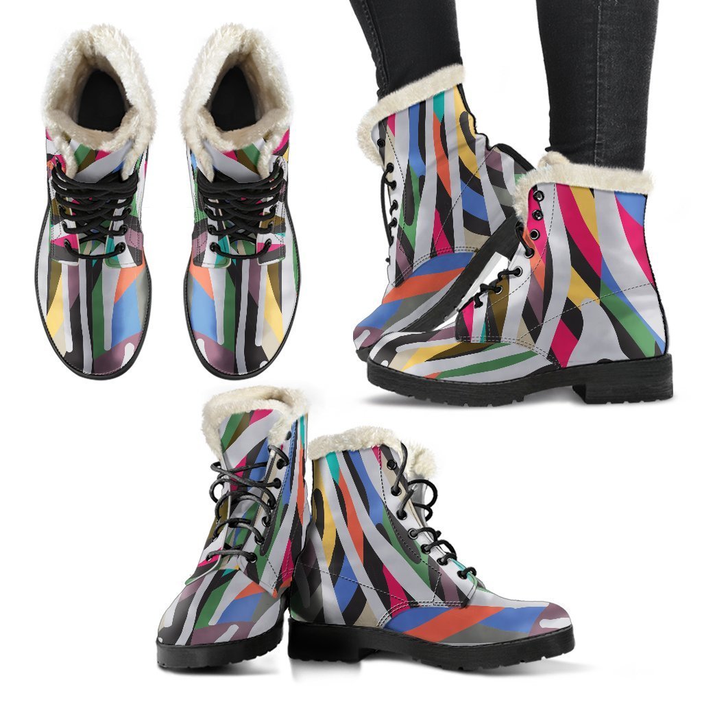 Wild and Free: Colorful Zebra Print Faux Fur Leather Boots for Boho Hippies - 2