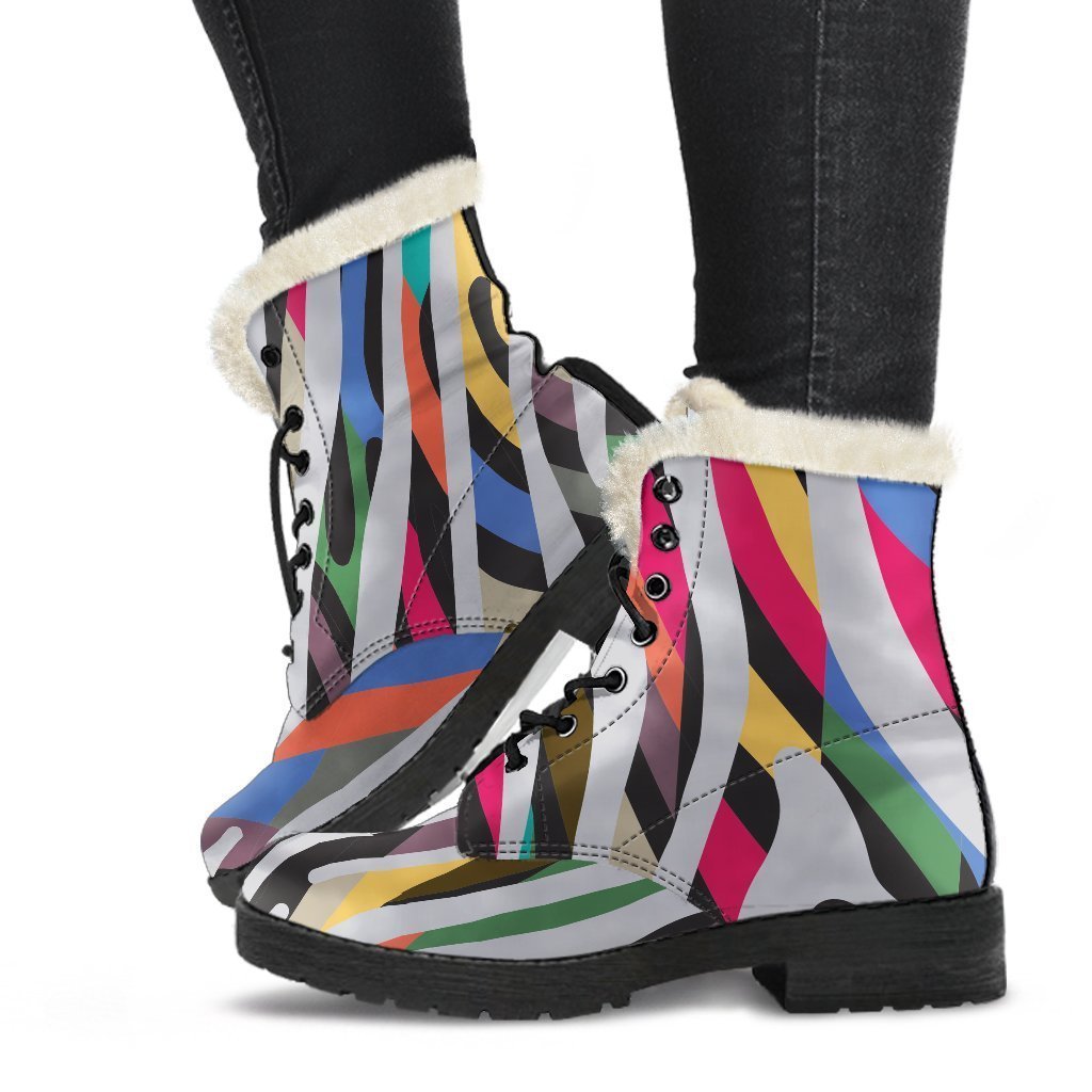 Wild and Free: Colorful Zebra Print Faux Fur Leather Boots for Boho Hippies - 1