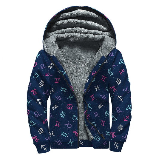 Colorful Zodiac Symbols Sherpa Lined Zip Up Hoodie for Groovy Hippies - 1