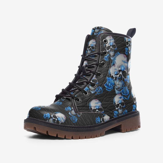 Emerald Blossoms - Blue Roses, Dark Skull Gothic Vegan Leather, Trendy Boots For Hippies