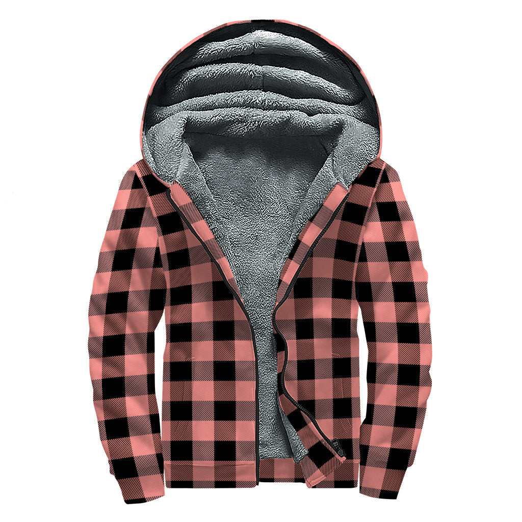 Coral Pink and Black Buffalo Check Sherpa Lined Zip Up Hoodie - The Perfect Hippie Style Essential! - 1