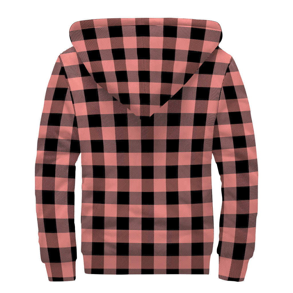 Coral Pink and Black Buffalo Check Sherpa Lined Zip Up Hoodie - The Perfect Hippie Style Essential! - 2