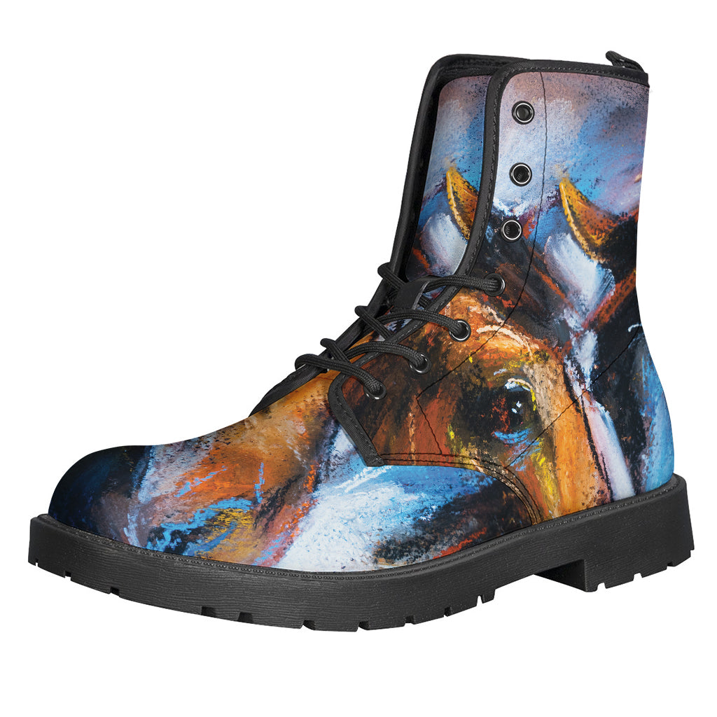 Boho Chic: Couple Horses Painting Print Leather Boots - 1