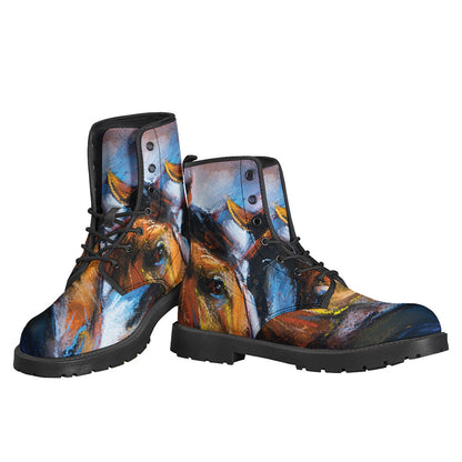 Boho Chic: Couple Horses Painting Print Leather Boots - 3