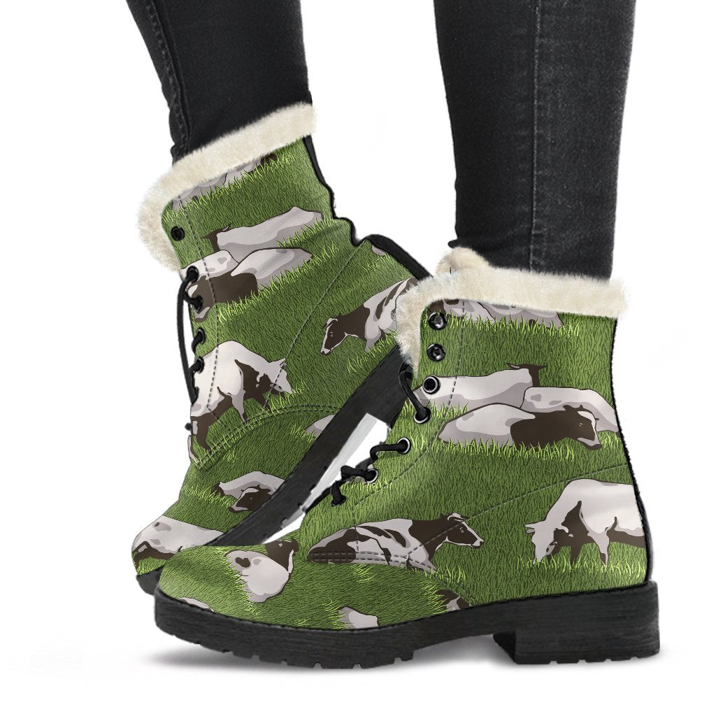 Groovy Cow Print Faux Fur Leather Boots for the Free-Spirited Hippie - 1