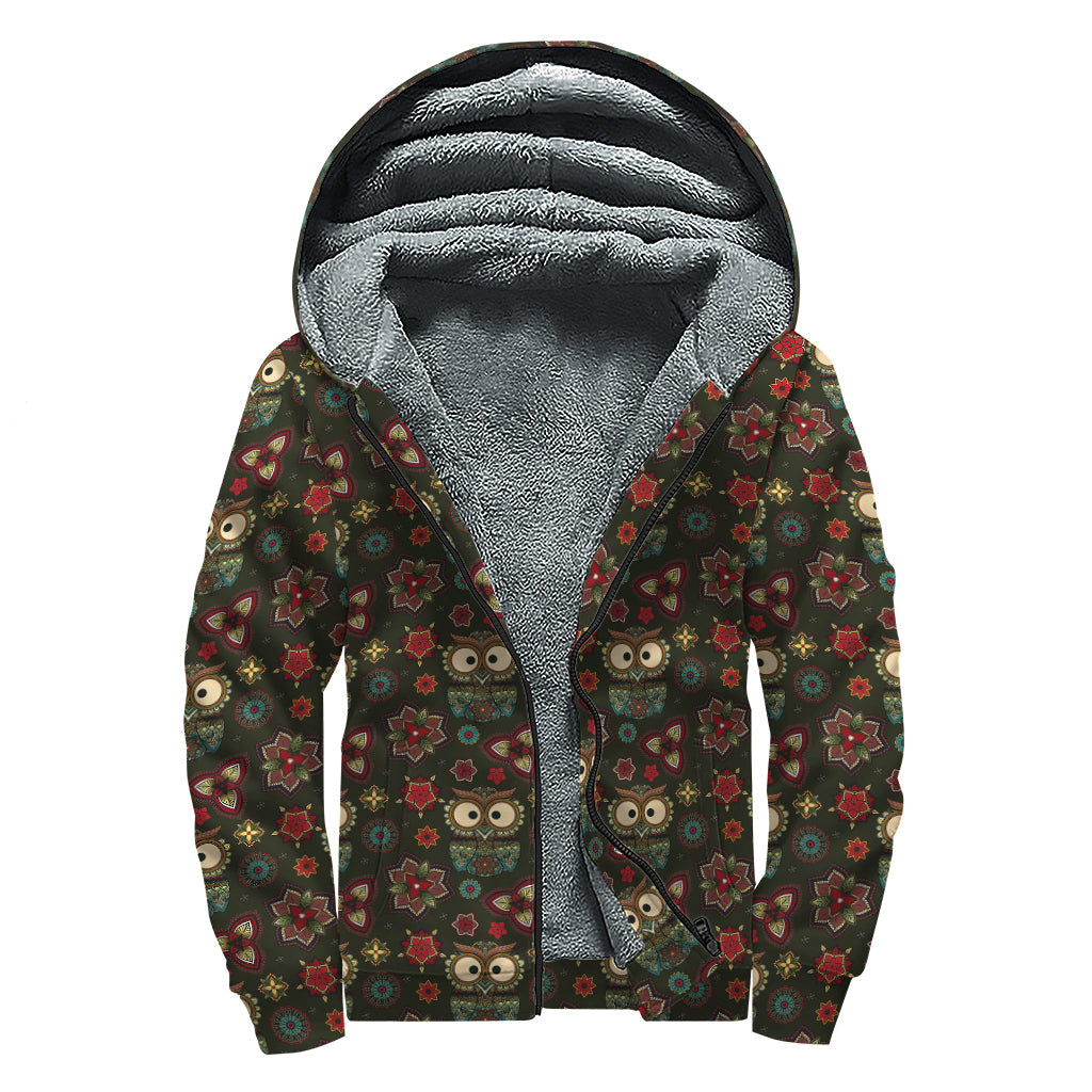 Boho Owl Bliss: Sherpa Lined Zip Up Hoodie for Free-spirited Hippies - 1