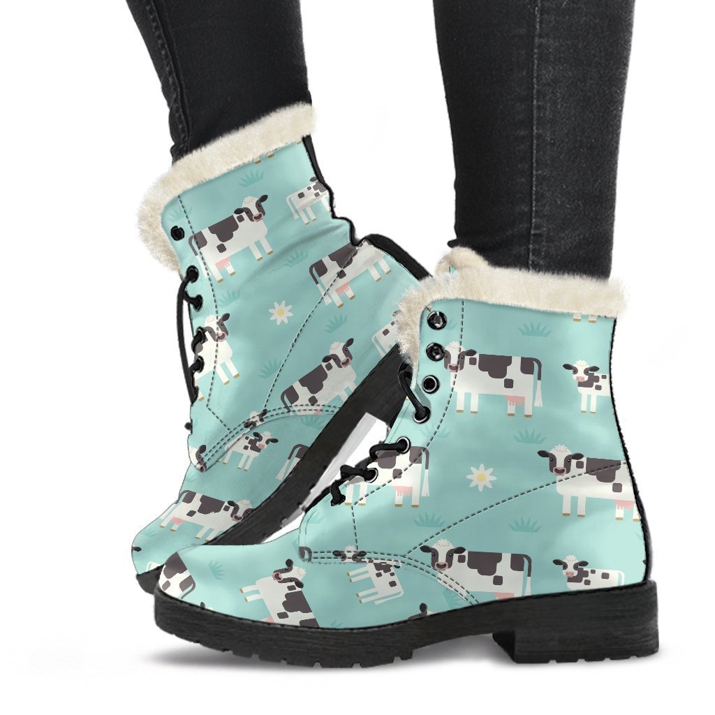 Cute Cow and Baby Cow Pattern Faux Fur Leather Boots for Groovy Hippies - 1