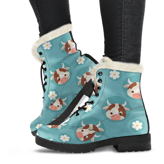 Groovy Cow and Daisy Faux Fur Leather Boots for Stylish Hippies - 1