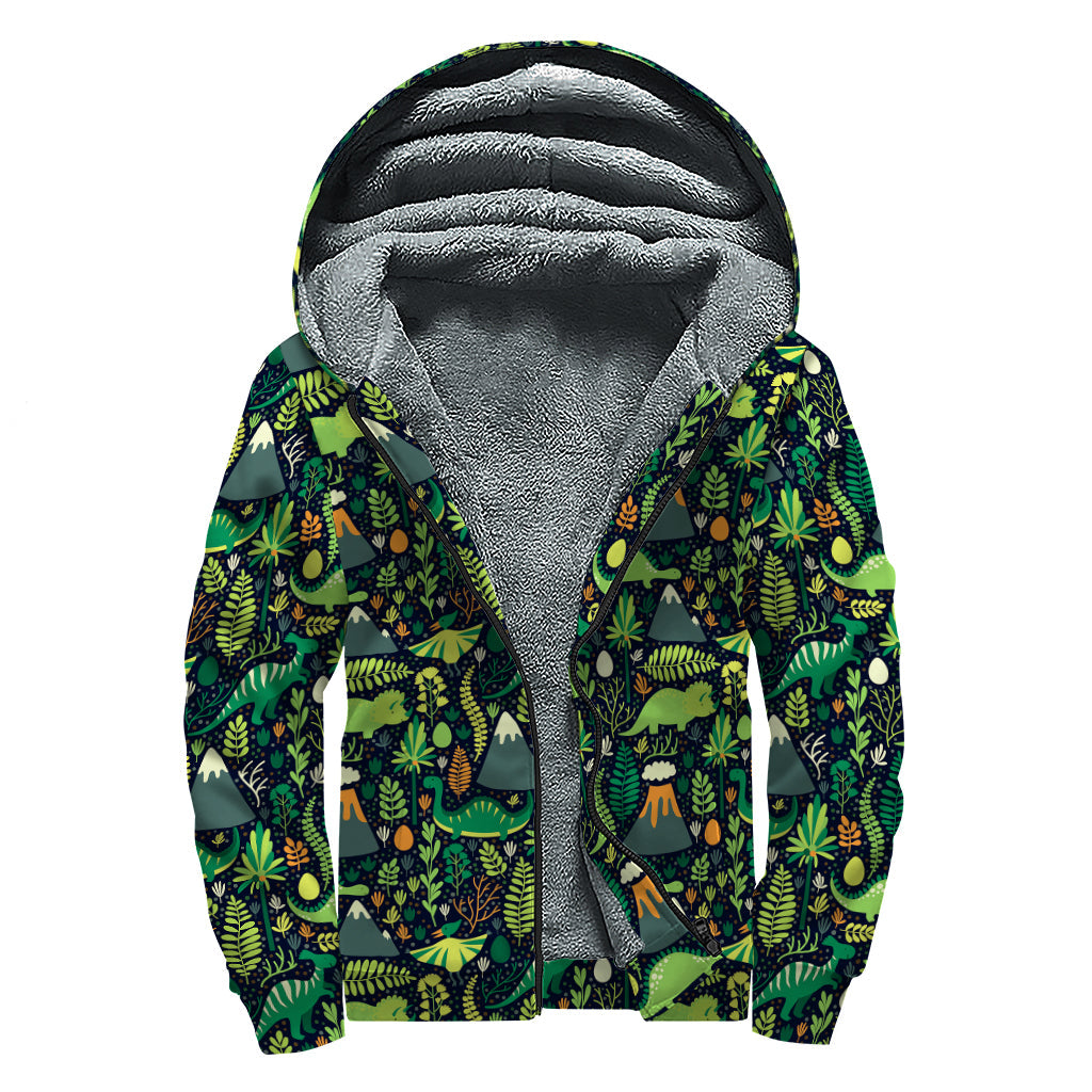 Dinosaur and Floral Pattern Sherpa Lined Zip Up Hoodie for Groovy Hippies - 1