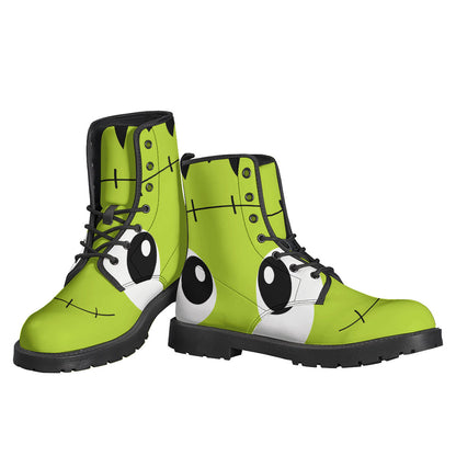 Groovy and Stylish: Cute Frankenstein Face Print Leather Boots for Hippies - 3