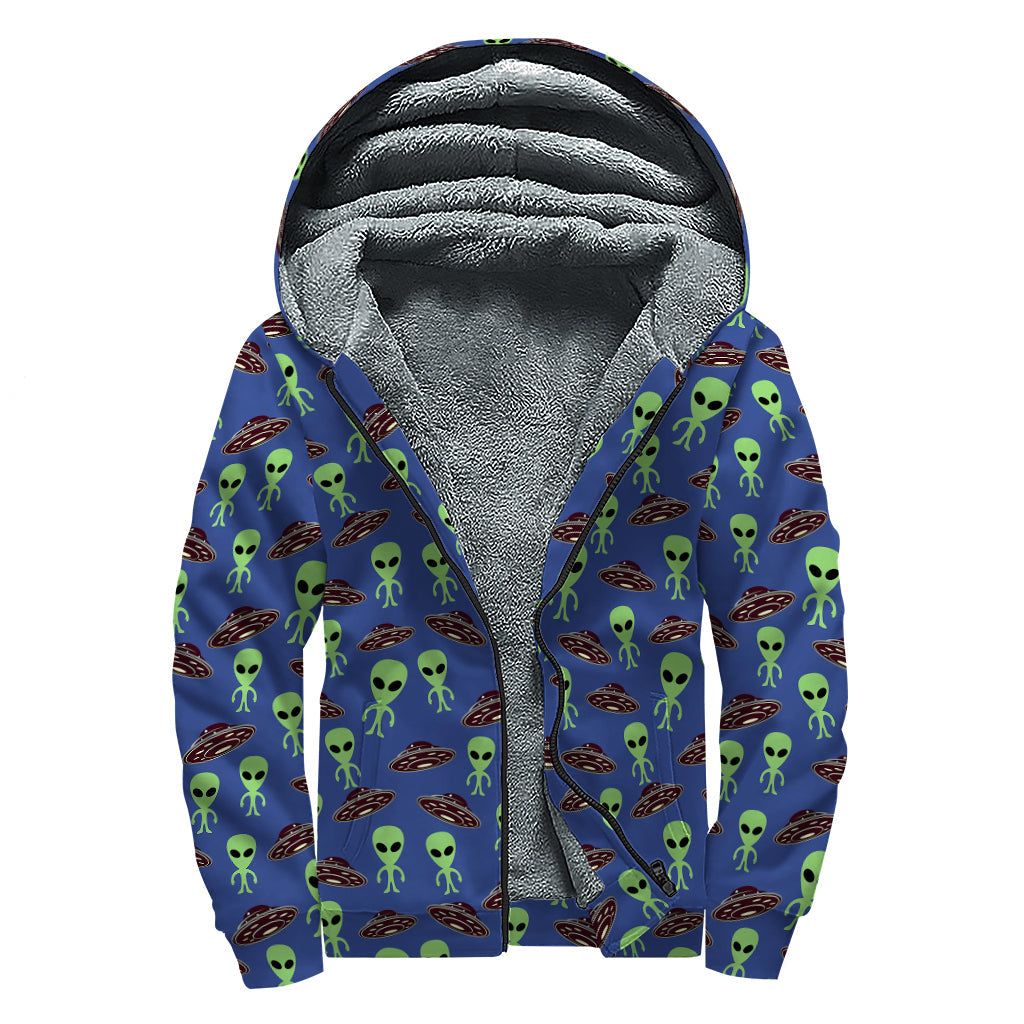 Cozy Cosmic Vibes: Cute Green Alien UFO Print Sherpa Lined Zip Up Hoodie - 1