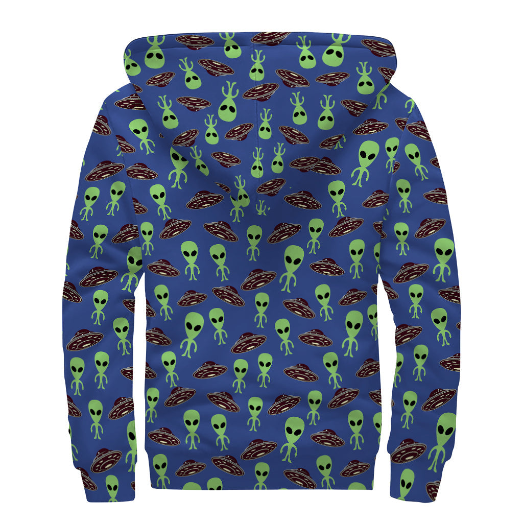 Cozy Cosmic Vibes: Cute Green Alien UFO Print Sherpa Lined Zip Up Hoodie - 2