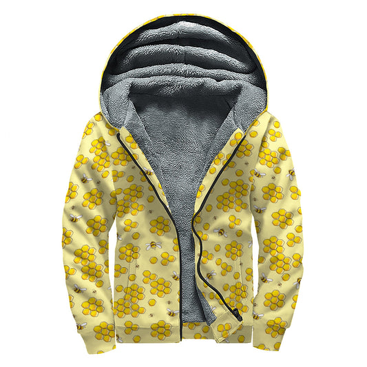 Buzzin' in Style: Honey Bee Pattern Sherpa Lined Zip Up Hoodie for Hippies - 1