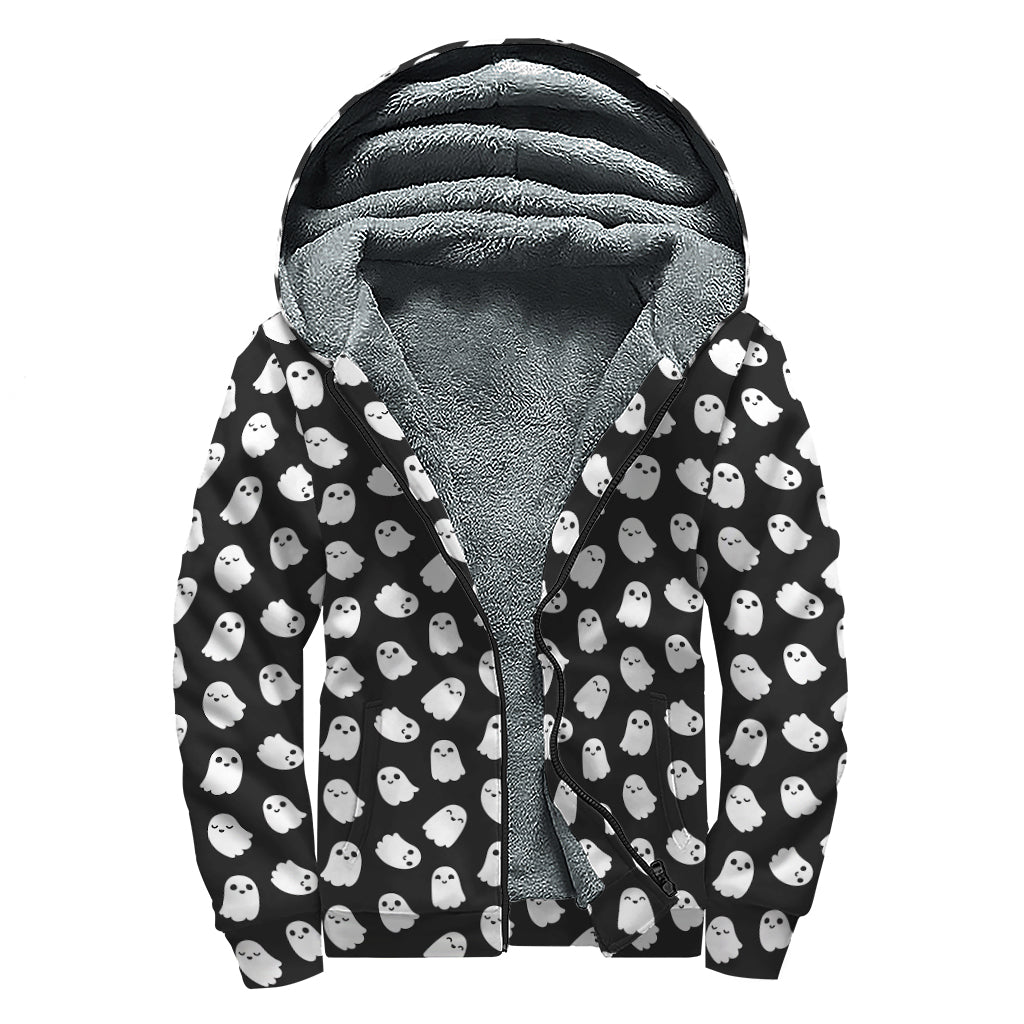 Get Cozy in Style with our Cute Little Ghost Pattern Sherpa Lined Zip Up Hoodie - 1