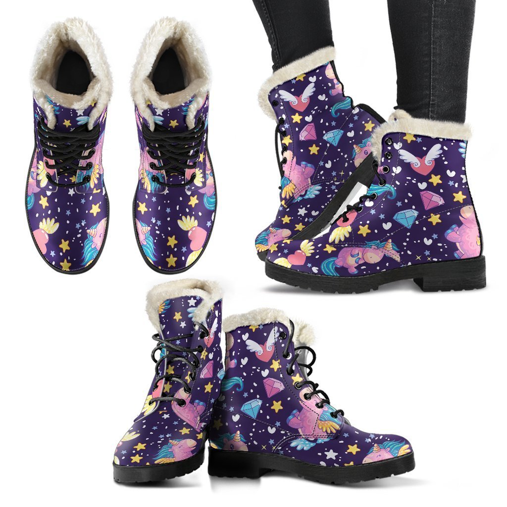 Cute Night Star Unicorn Pattern Faux Fur Leather Boots for the Free-Spirited Hippie - 2