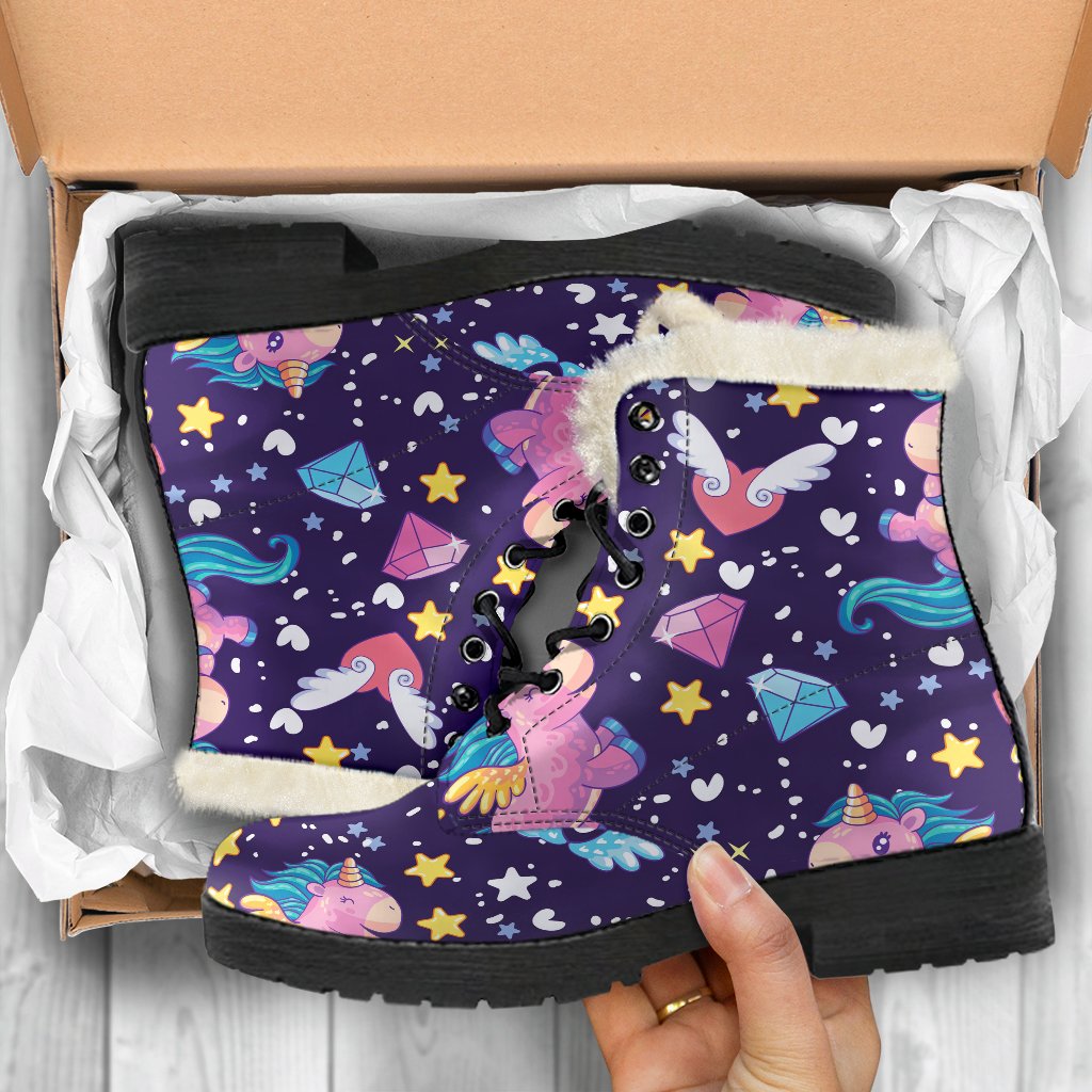 Cute Night Star Unicorn Pattern Faux Fur Leather Boots for the Free-Spirited Hippie - 5