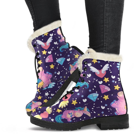 Cute Night Star Unicorn Pattern Faux Fur Leather Boots for the Free-Spirited Hippie - 1