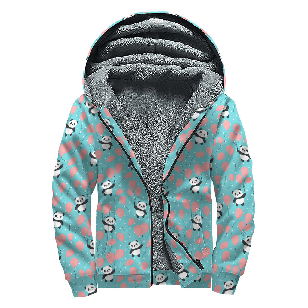 Bohemian Bliss: Sherpa Lined Zip Up Hoodie with Cute Panda and Balloon Pattern - 1