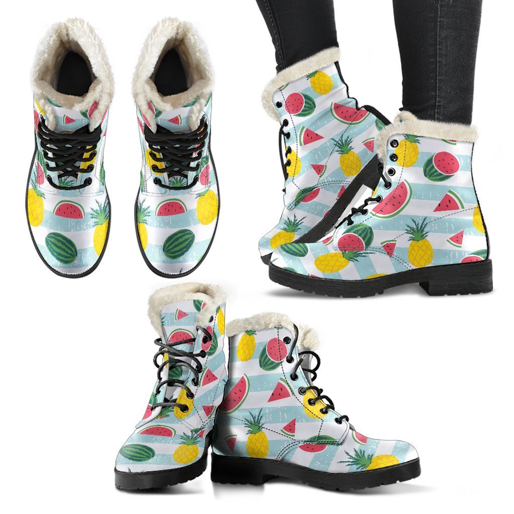 Boho Chic: Faux Fur Leather Boots with Pineapple and Watermelon Pattern - 2