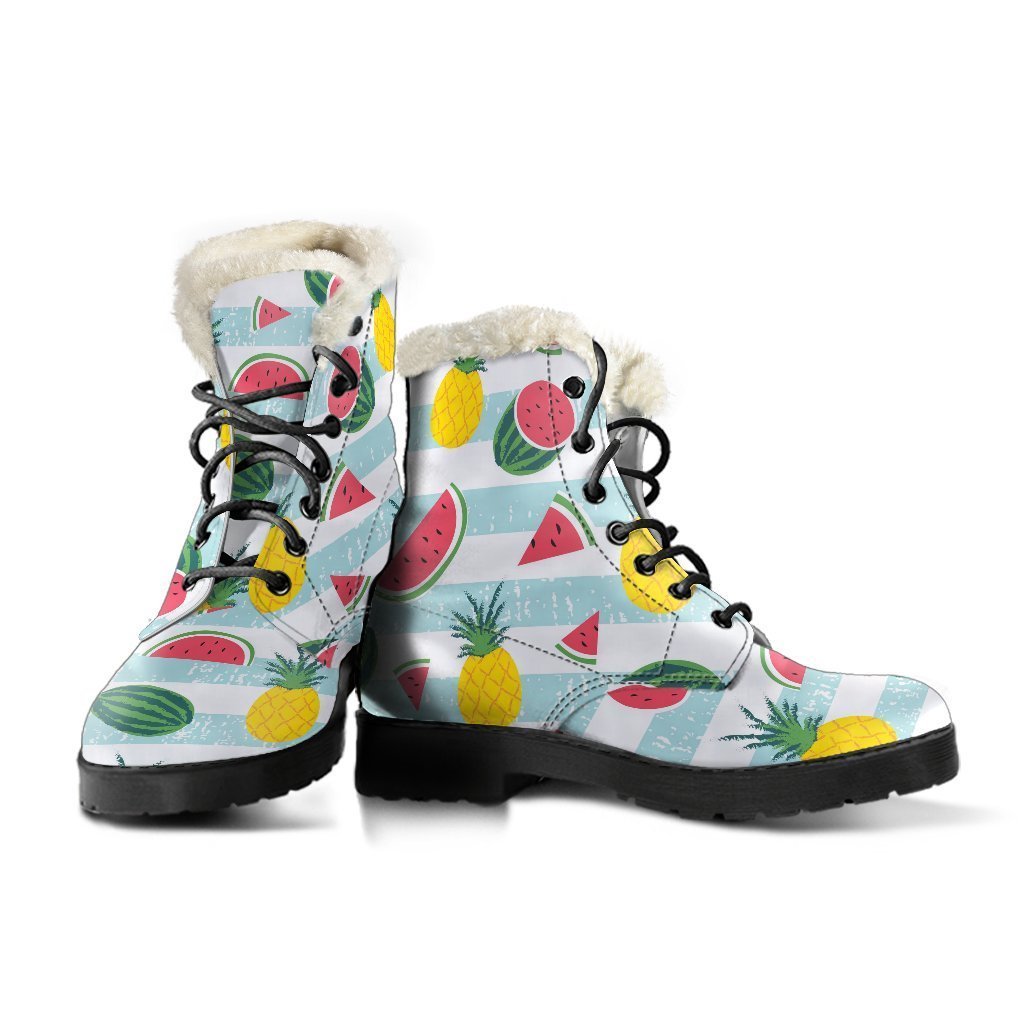 Boho Chic: Faux Fur Leather Boots with Pineapple and Watermelon Pattern - 3