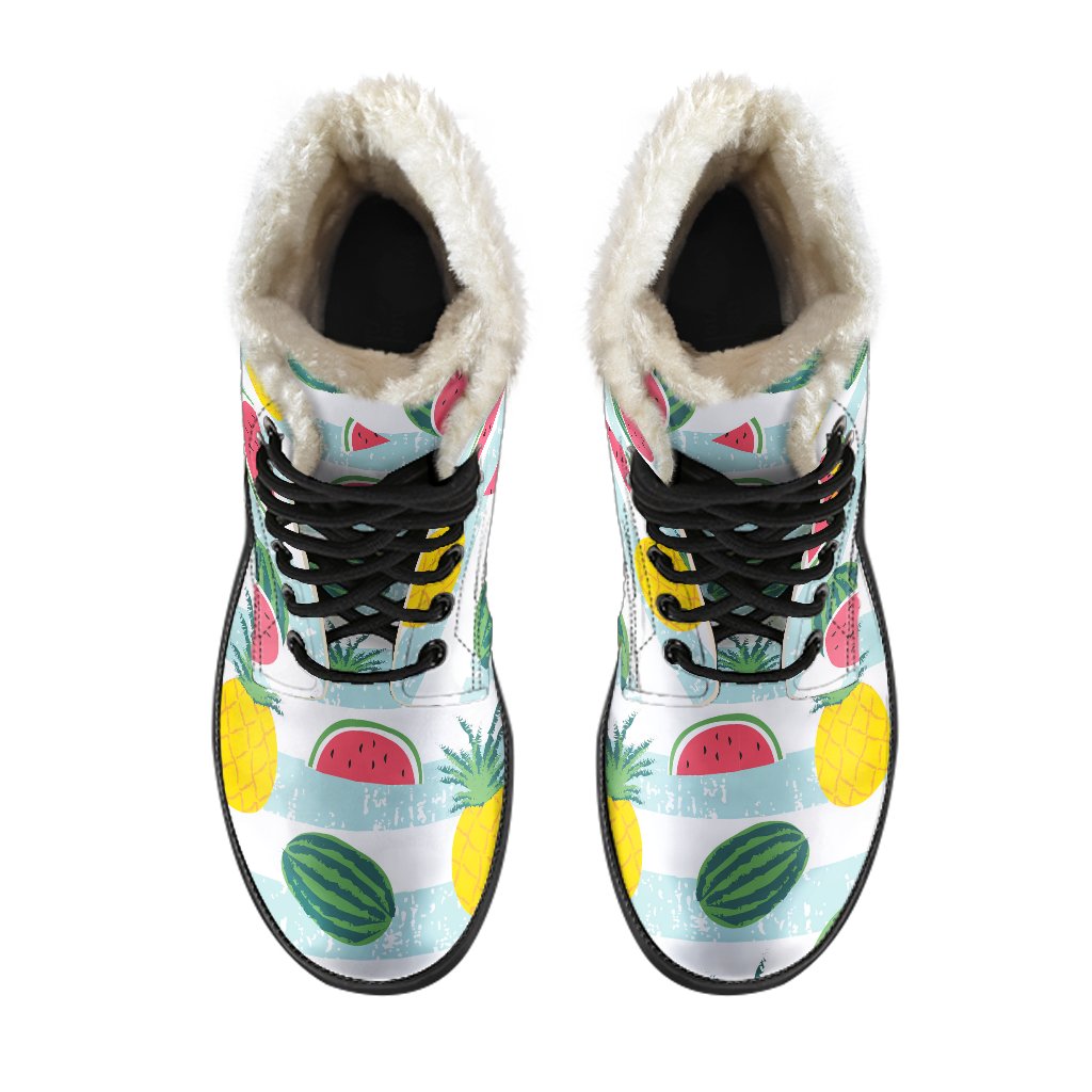 Boho Chic: Faux Fur Leather Boots with Pineapple and Watermelon Pattern - 4