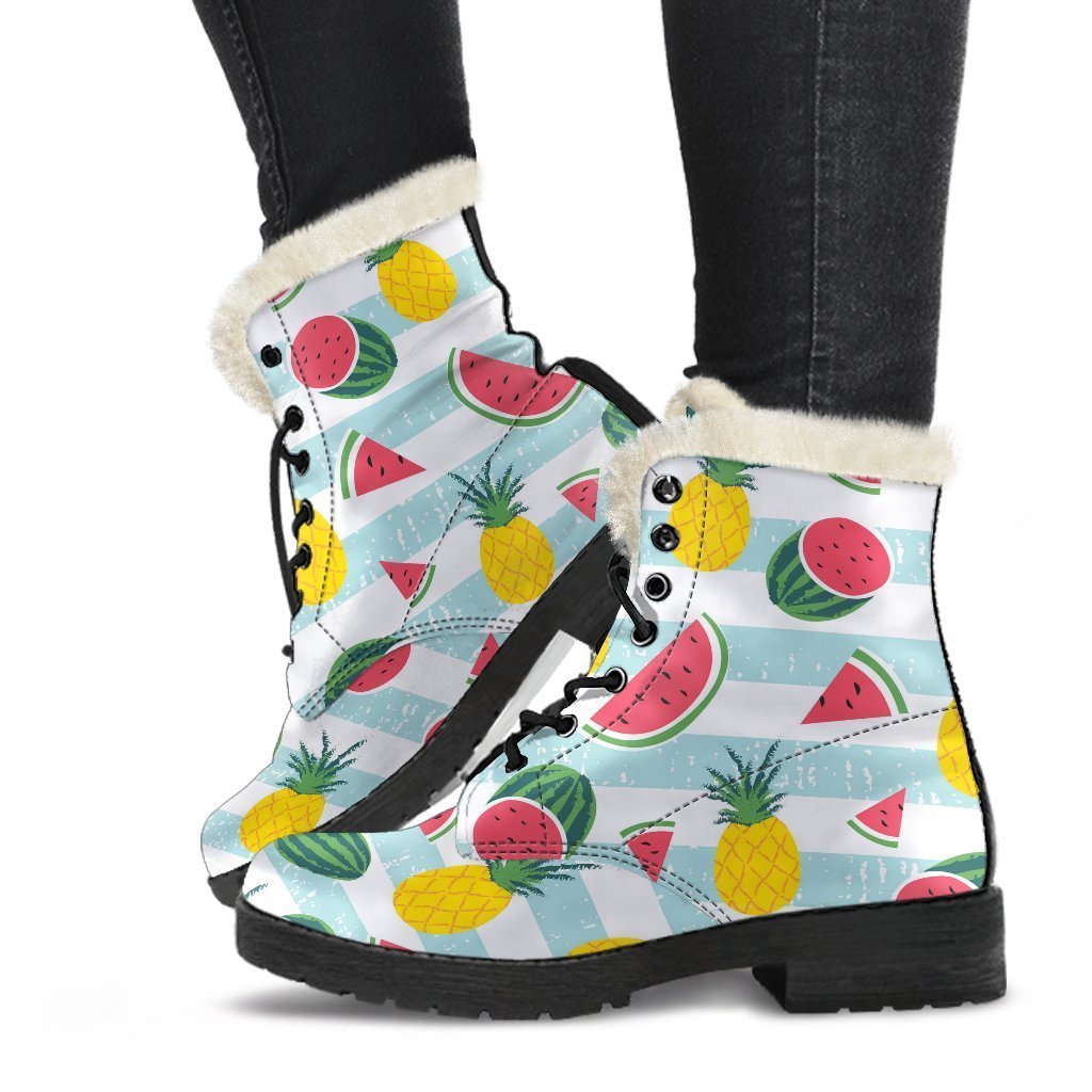 Boho Chic: Faux Fur Leather Boots with Pineapple and Watermelon Pattern - 1