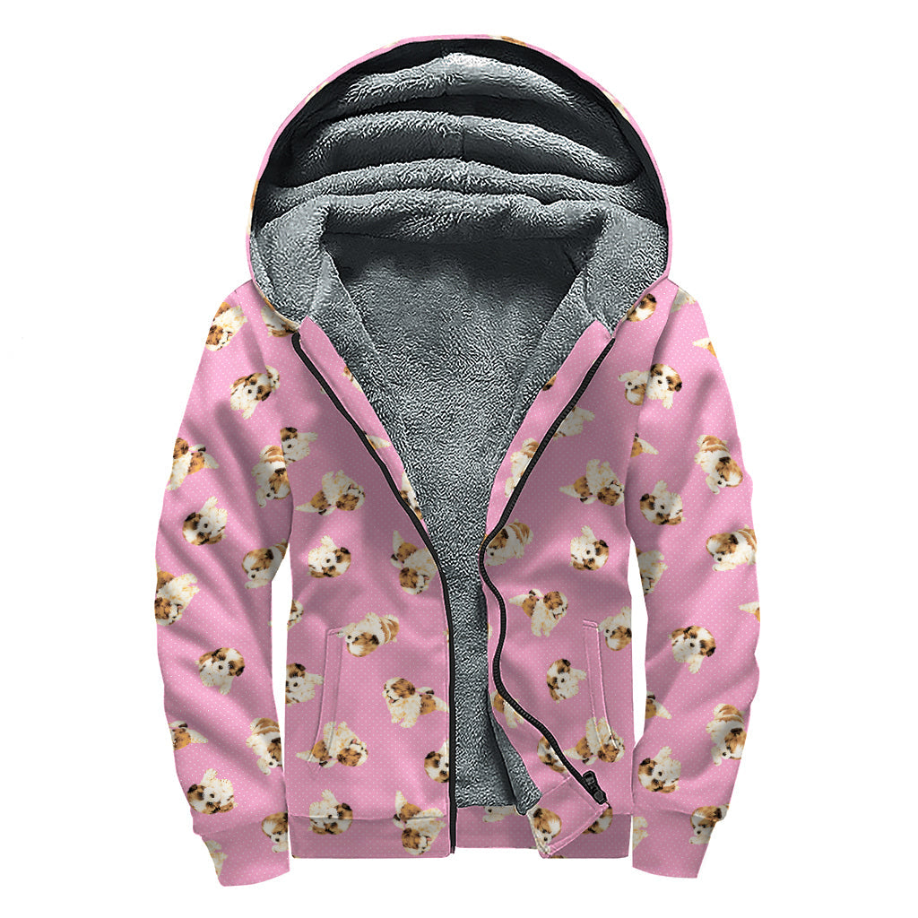 Groovy Shih Tzu Print Sherpa Lined Zip Up Hoodie for Boho Babes - 1