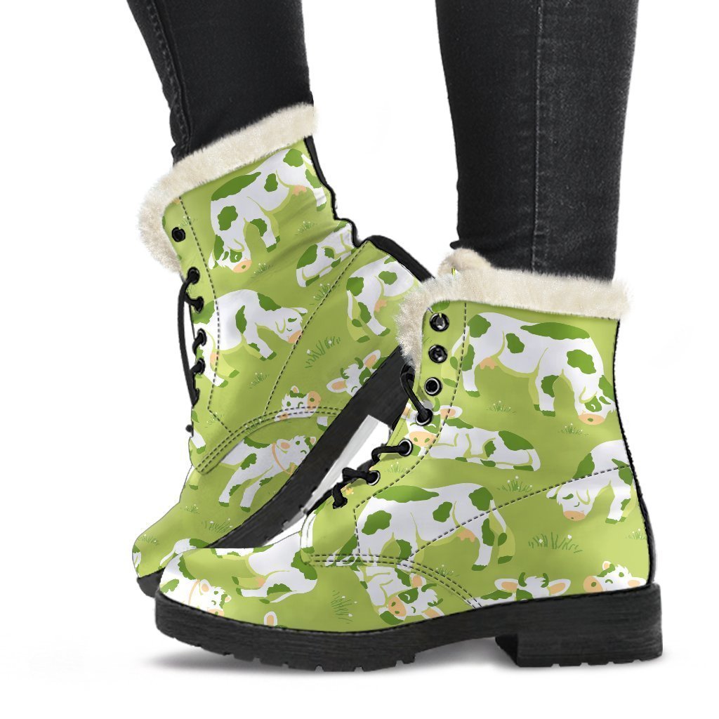 Groovy Smiley Cow Pattern Faux Fur Leather Boots - 1