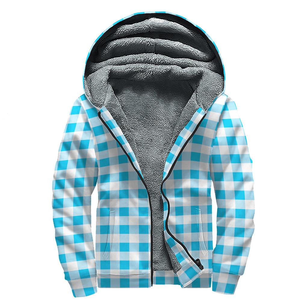 Cyan Blue and White Gingham Sherpa Zip-Up: Embrace Your Inner Hippie - 1