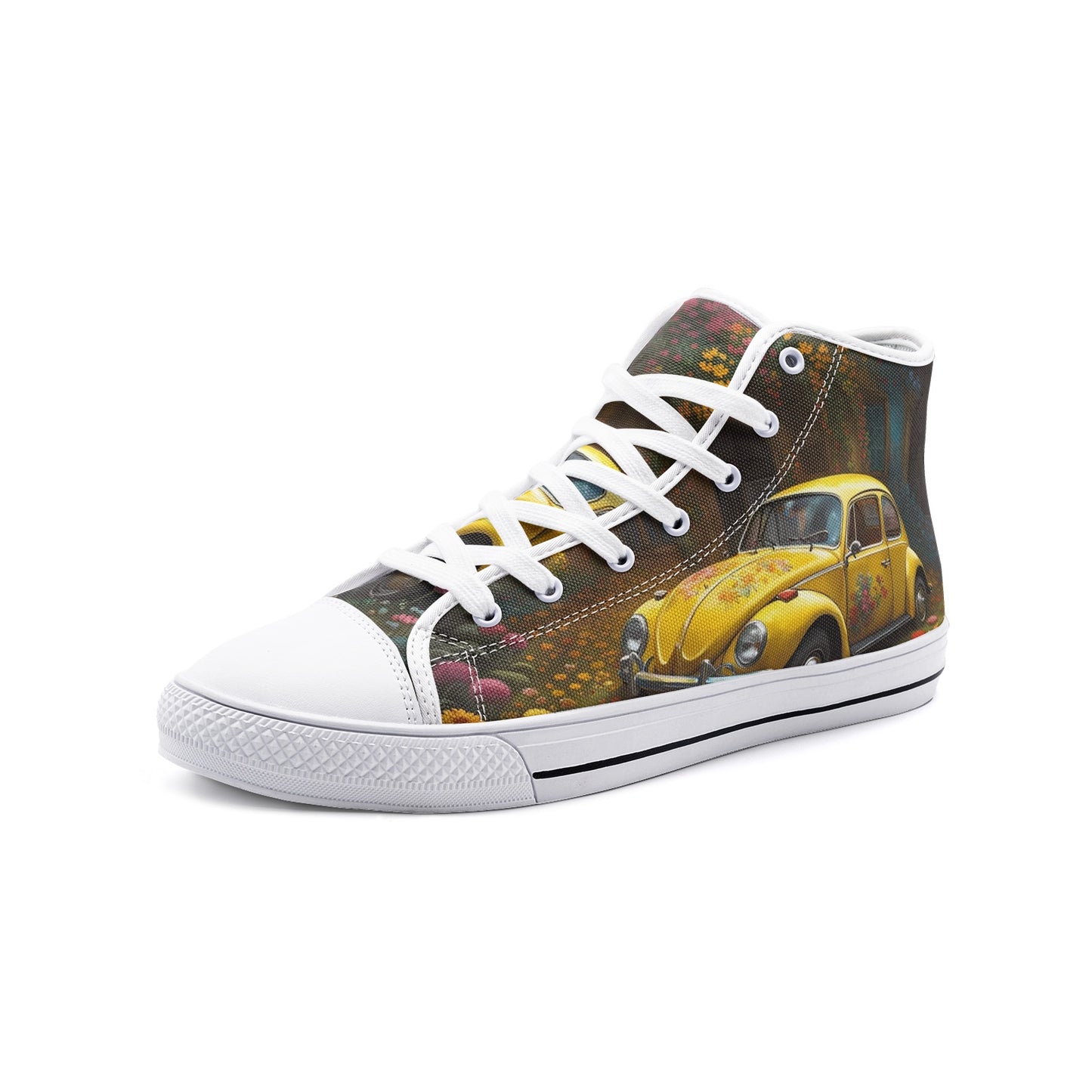 Emerald Blossoms - Yellow Volkswagen Beetle Unisex High Top Canvas Shoes For Hippies