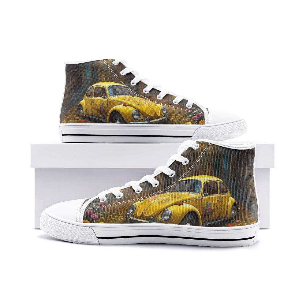 Emerald Blossoms - Yellow Volkswagen Beetle Unisex High Top Canvas Shoes For Hippies