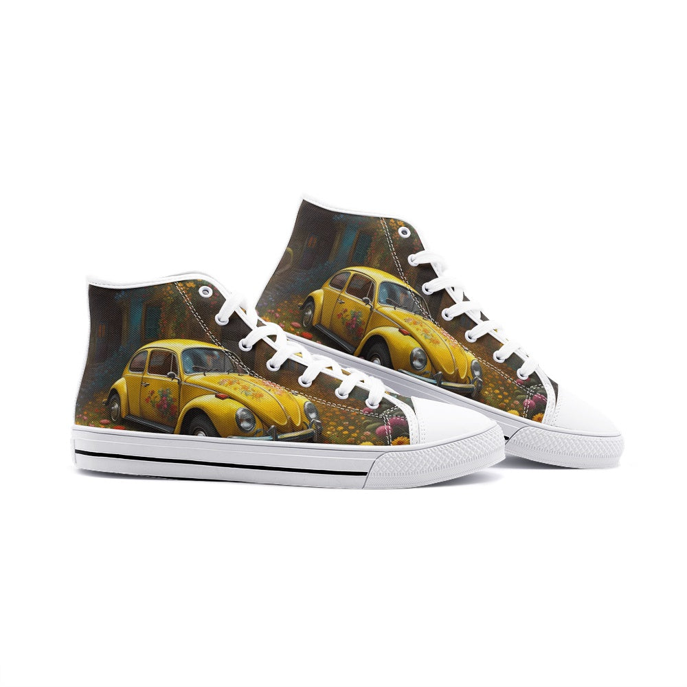 Emerald Blossoms - Yellow Volkswagen Beetle Unisex High Top Canvas Shoes For Hippies