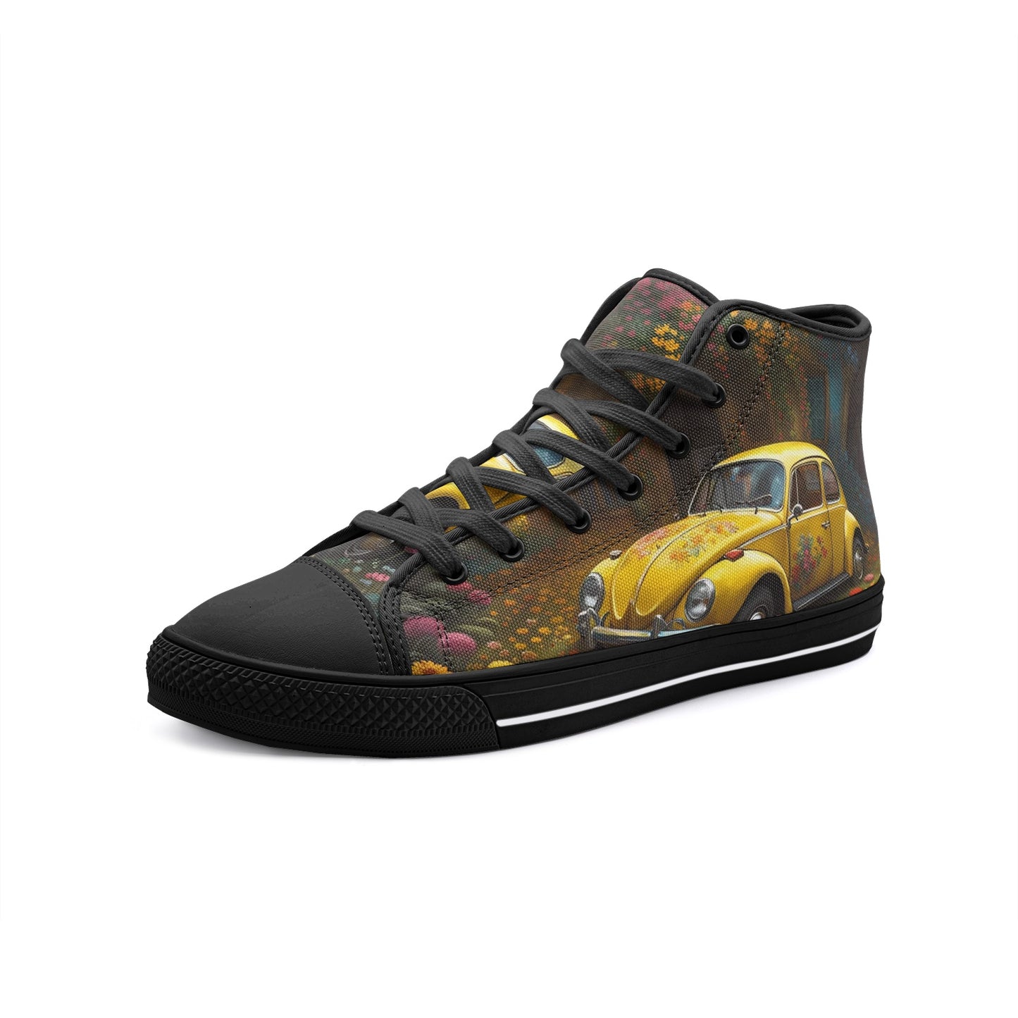 Emerald Blossoms - Yellow Volkswagen Beetle Unisex High Top Canvas Shoes For Hippies