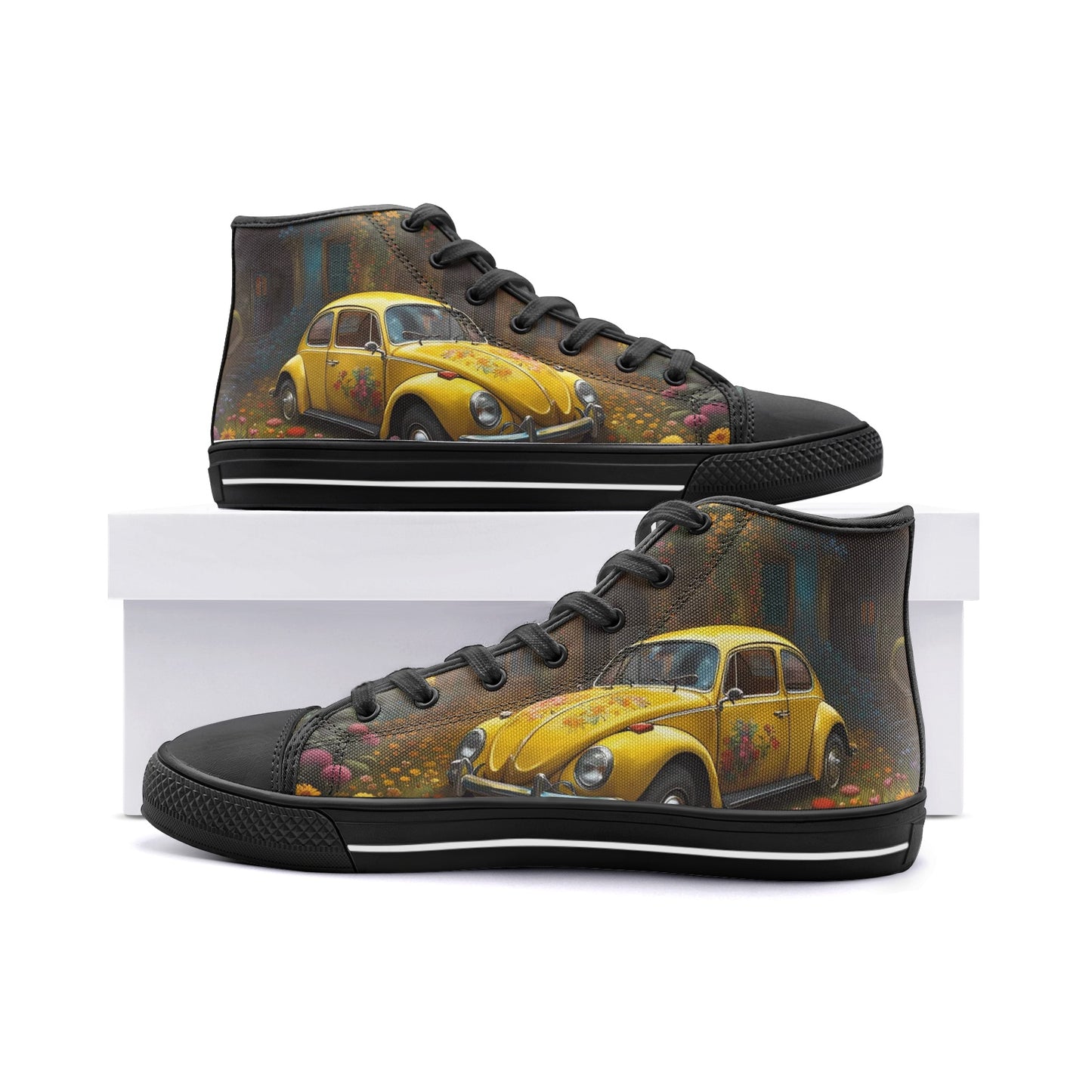 Emerald Blossoms - Yellow Volkswagen Beetle Unisex High Top Canvas Shoes For Hippies