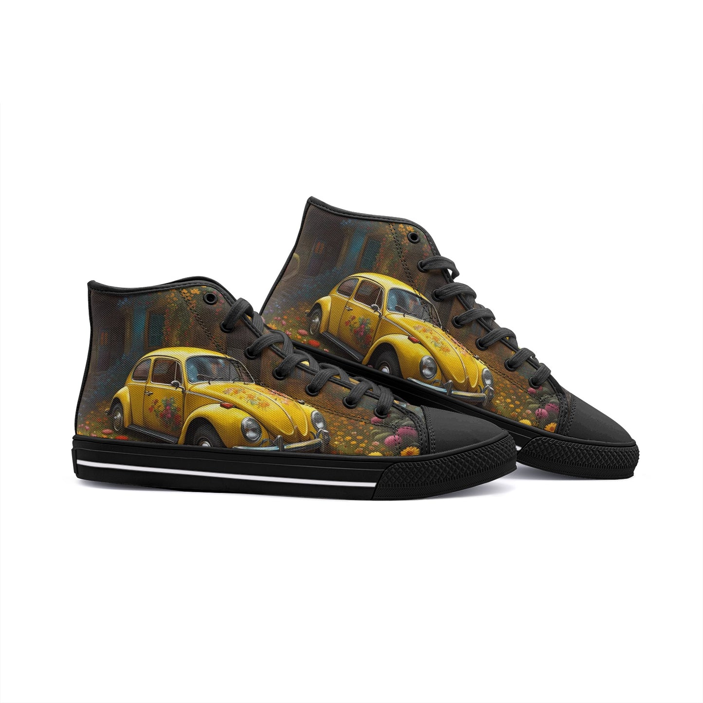 Emerald Blossoms - Yellow Volkswagen Beetle Unisex High Top Canvas Shoes For Hippies